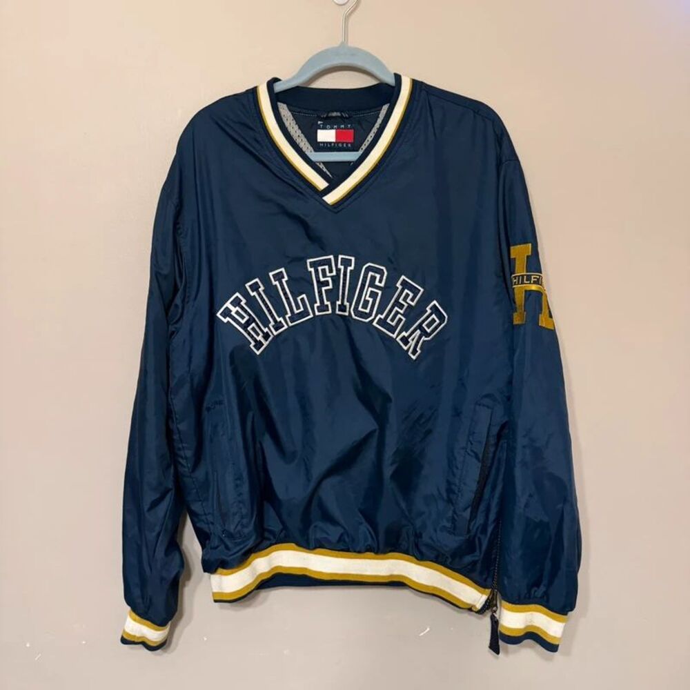 Vintage Tommy Hilfiger V Neck Windbreaker Pullover Jacket Mens Small Navy Gold